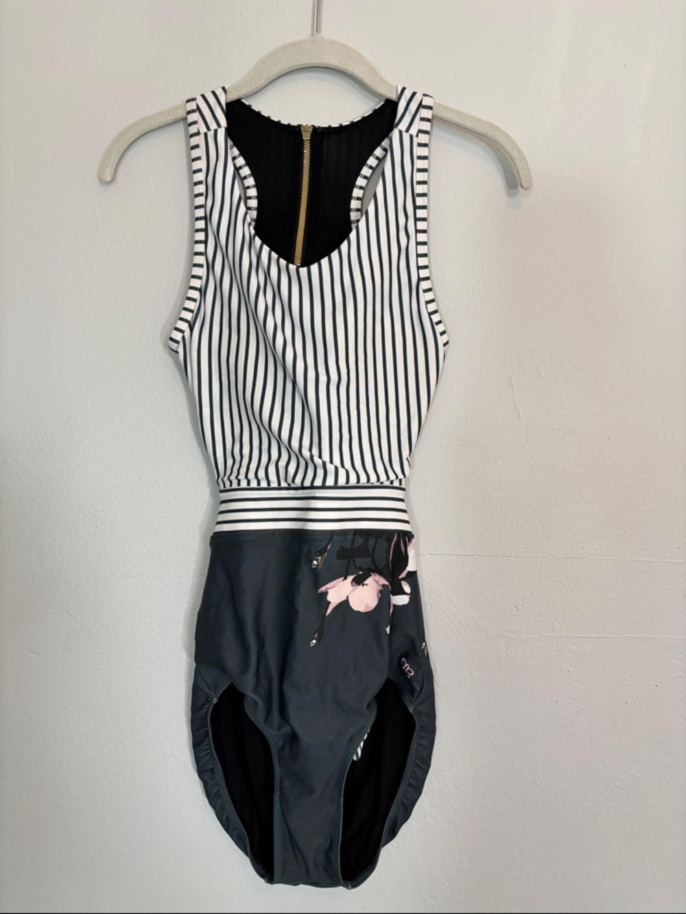 Albion White and Dark Gray Striped One-Piece Swimsuit with Pink Floral Accent